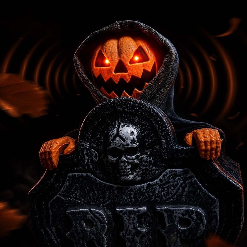Halloween Animated Tombstone Decor with Rising Skeleton and Pumpkin - Voice Activated Outdoor Yard Prop