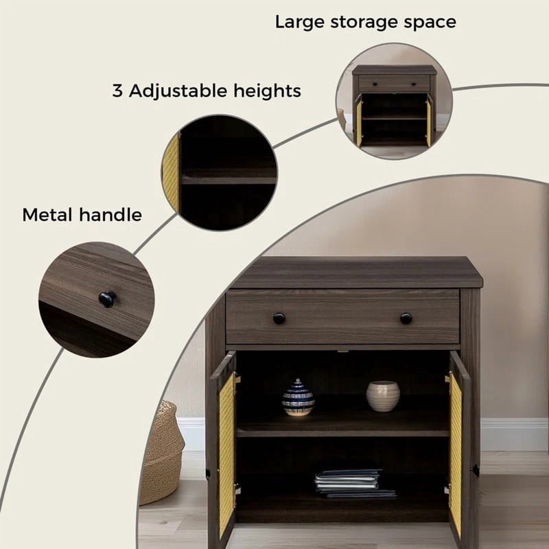 Rattan End Table & Storage Cabinet with Drawer - Walnut