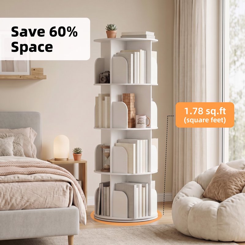 360° Rotating Bookshelf - 4 Tier White Bookcase Storage Rack