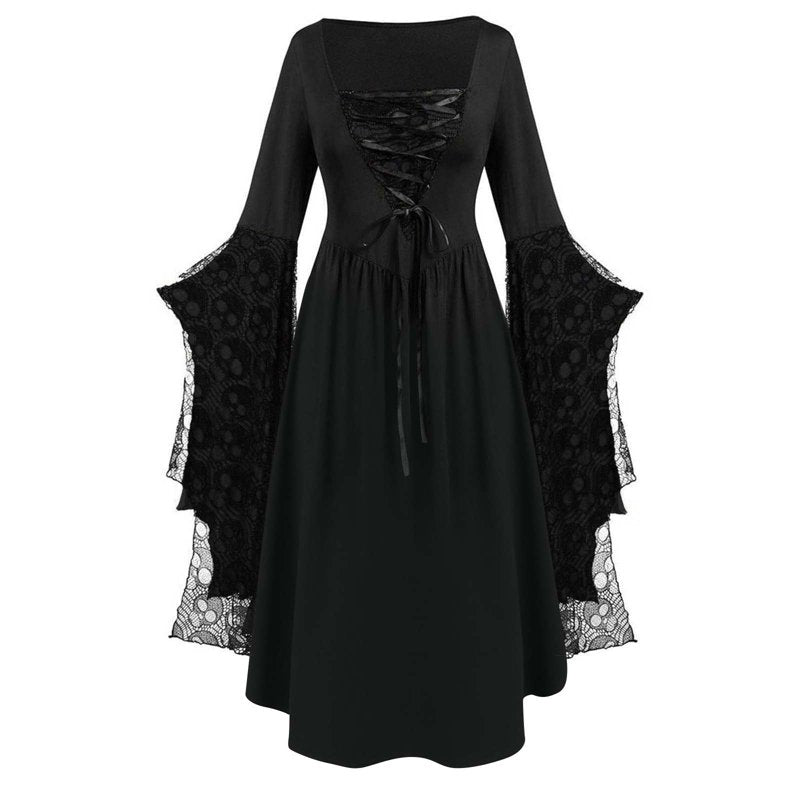 Women's Witch Costume Dress Halloween Medieval Gothic Corset with Bell Sleeves XXL - Black