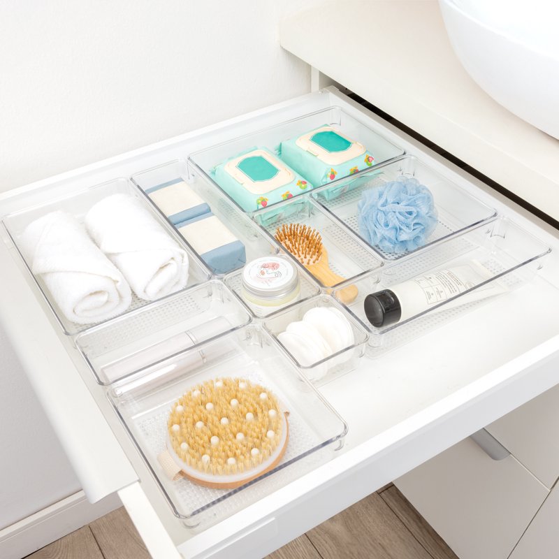 10-Piece Clear Plastic Bathroom Organizer Set - Modular Storage for Vanity and Drawers