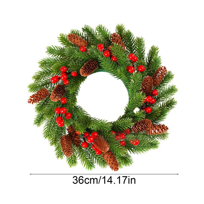 Christmas Wreath with Lights - 14.17 Inch Red Berries Pine Cones Front Door Decor - Variation 4B