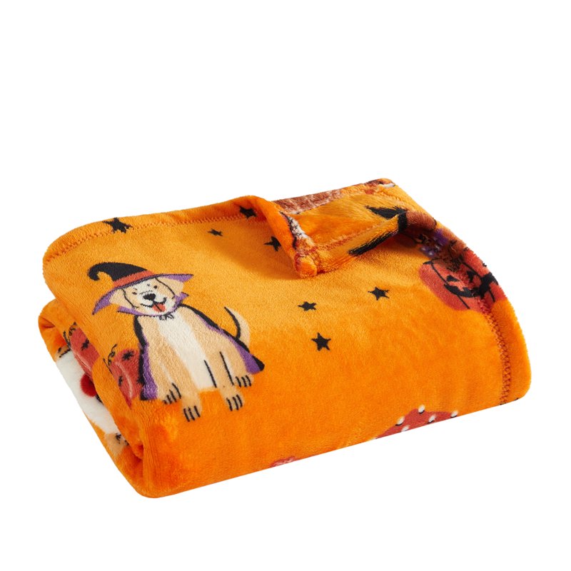 Dogs and Pumpkins Plush Couch Throw Blanket - Halloween Decor, 50 x 60 in, Orange