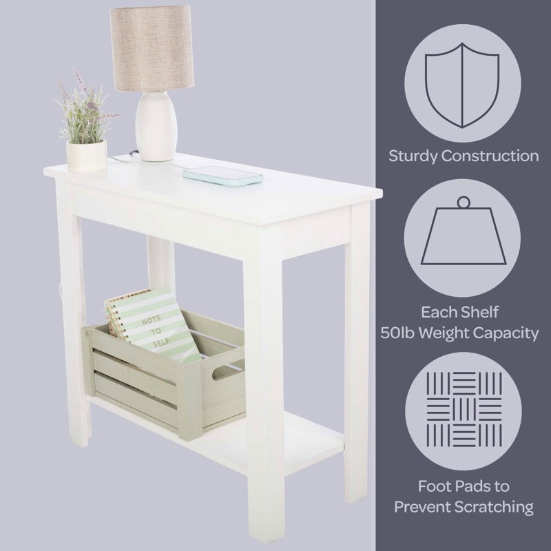 Narrow Side Table with Charging Station & Storage Shelf