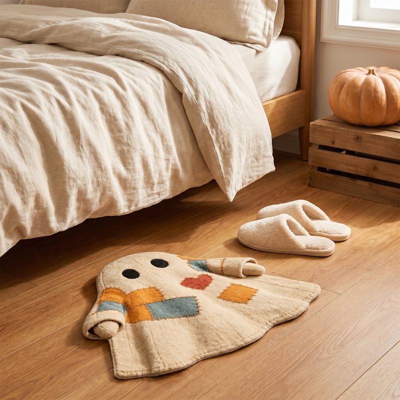 Black Ghost Shaped Doormat with Patchwork Vintage Stitching Halloween Entrance Rug