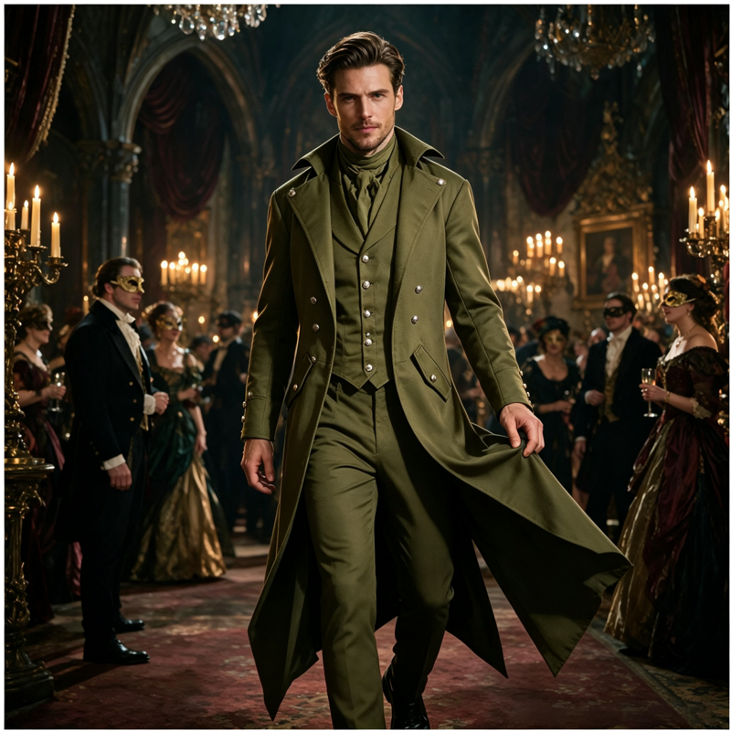 Men's Gothic Steampunk Tailcoat Jacket - Army Green, XXXL Halloween Costume