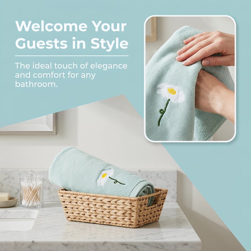 Blue Floral Cotton Hand Towels Set - Embroidered, Soft, Absorbent, 4-Piece, 13x30 Inches