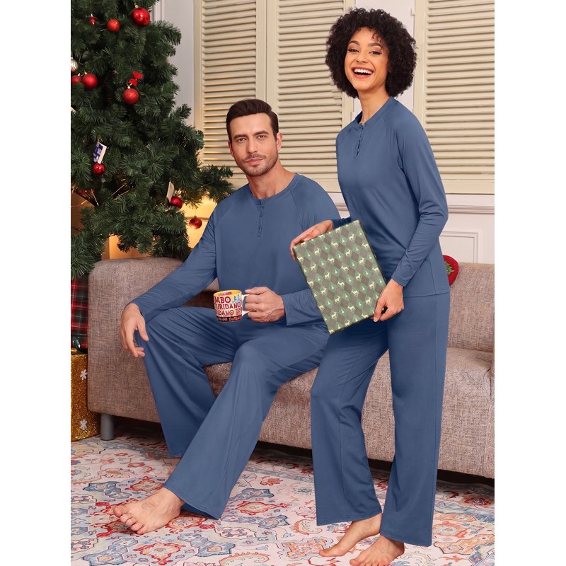 Couple Pajama Set for Women XL - Soft Matching Sleepwear with Pockets - Gray Blue