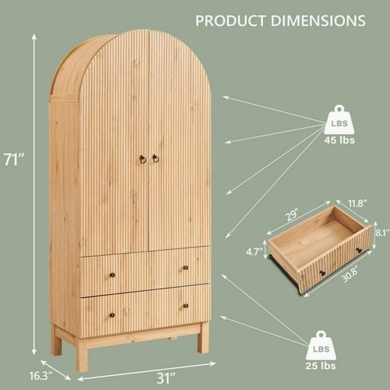 Fluted Arched Pantry Storage Cabinet - 71" Tall, Natural