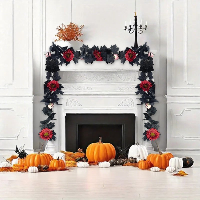 Halloween Garland Decor with Wreath - 68.9in Black Seasonal Home Decoration - Variation A