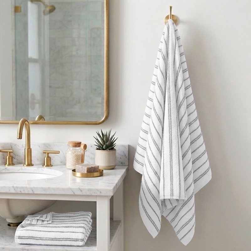 Mainstays White Striped Bath Towel - Soft 100% Cotton, Absorbent 27x52 Inches - Machine Washable