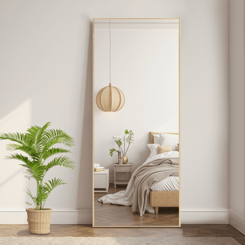 64-Inch Full Length Floor Mirror - Gold Aluminum Frame, Standing & Bracket