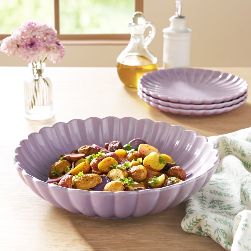 11-Inch Stoneware Serving Bowl - Purple Scalloped Design