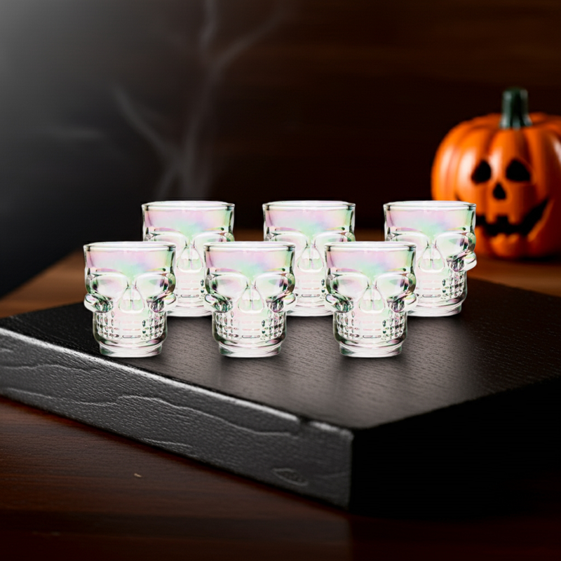 Luster Finish Skull Shot Glasses Set of 6 - 1.75oz Gothic Glassware
