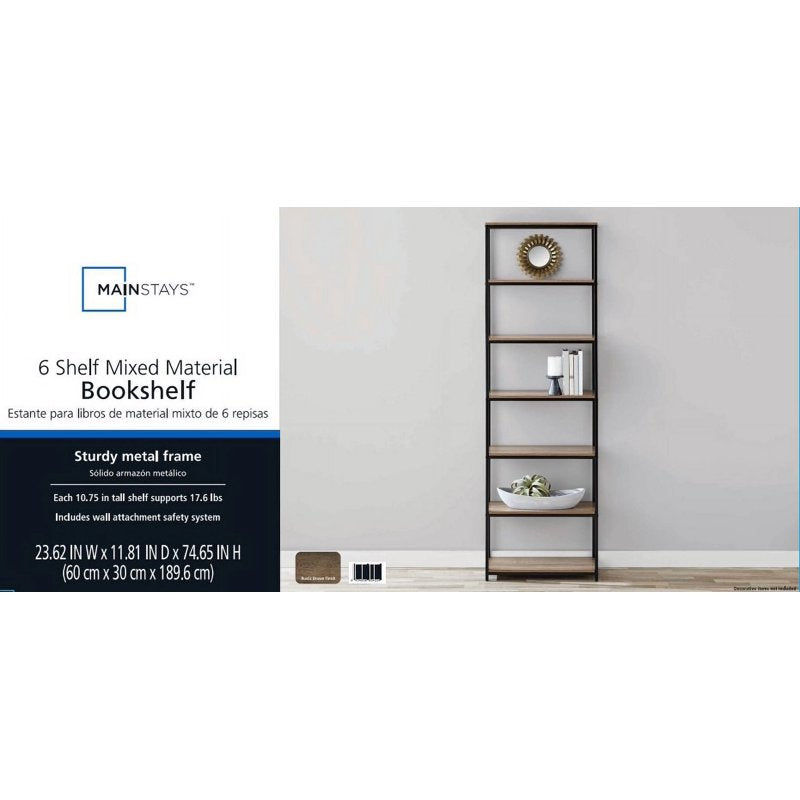 6-Shelf Metal Frame Bookcase - Open Storage for Home & Office