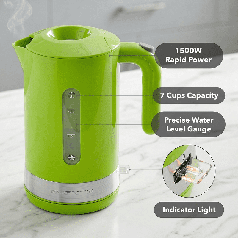 1.8L Electric Kettle - 1500W Fast Boiling, BPA-Free, Green