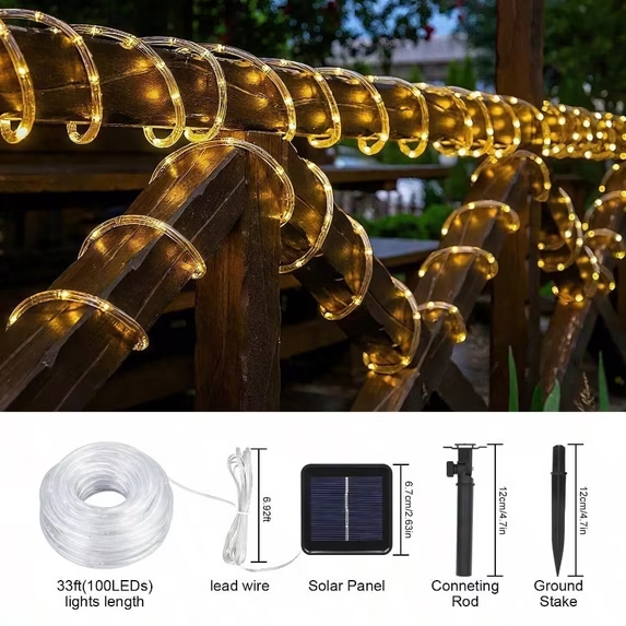 Solar Rope Lights Outdoor Waterproof 100LED Tube String Lights - Warm White 100LED