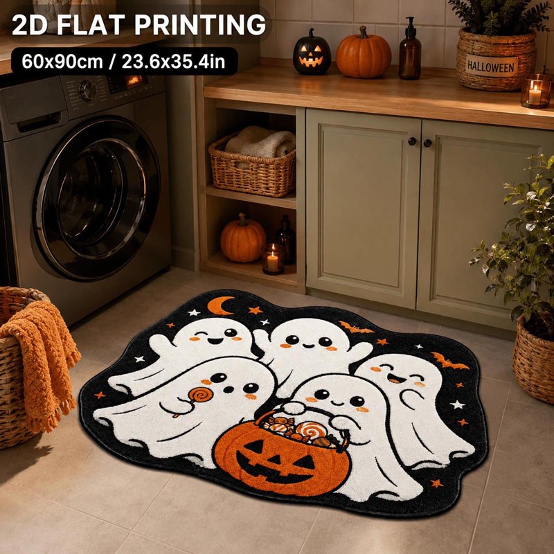 Halloween Door Mat with Ghost Pattern - Irregular Shaped Non Slip Absorbent Welcome Mat - Multicolor