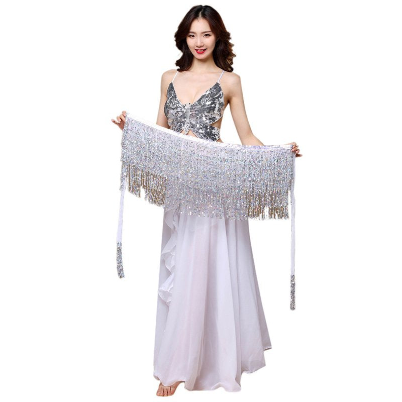 White Plus Size Belly Dance Skirt with Sequins Tassels Beads Belt for Women
