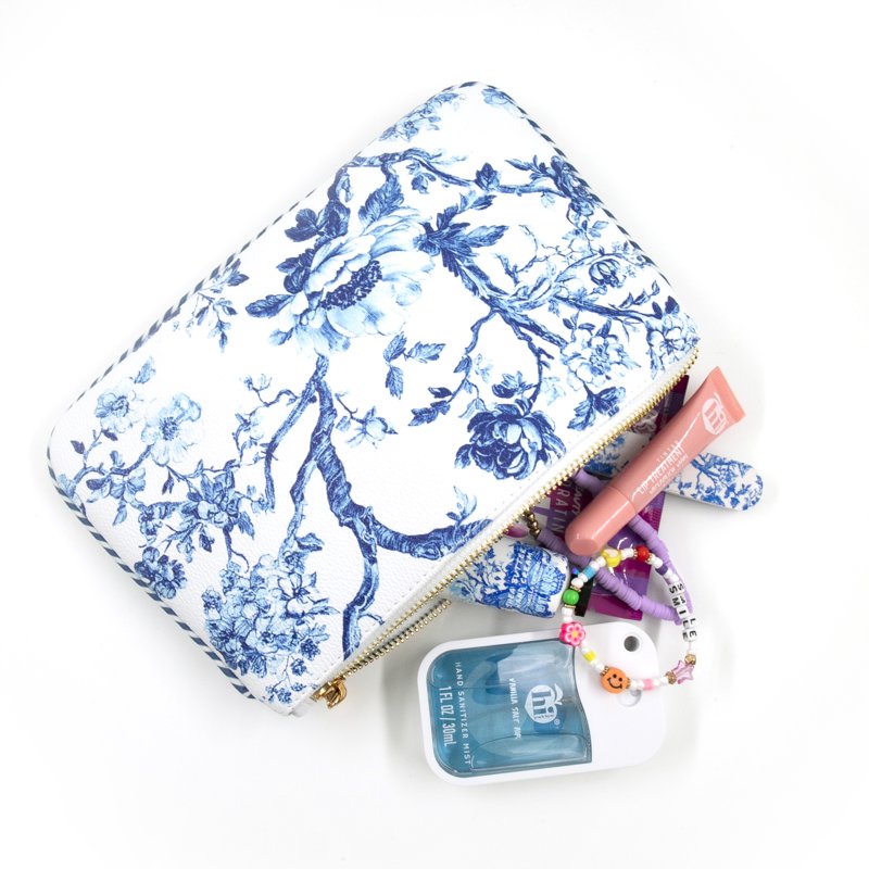 Blue Toile Large Zipper Pouch - Chic Organizer for Travel & Essentials