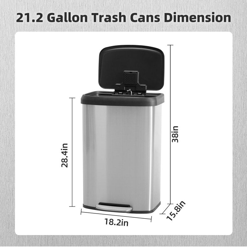 21 Gallon Stainless Steel Kitchen Trash Can with Lid & Foot Pedal - 80L