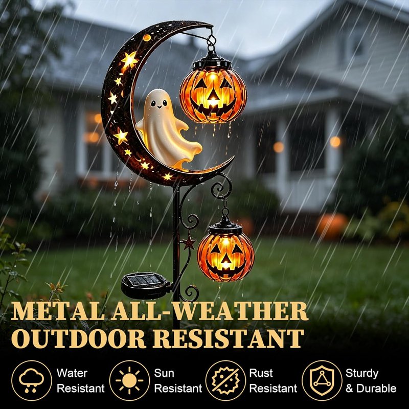 Solar Halloween Ghost Moon Garden Stake Light - Waterproof Metal Yard Lantern