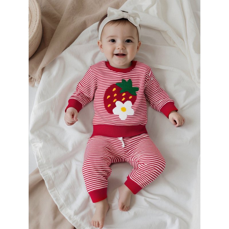 Toddler Girls Autumn Pants Outfit Set - Strawberry Embroidery, Long Sleeve Tops & Striped Pants, Style 1, 6-12 Months