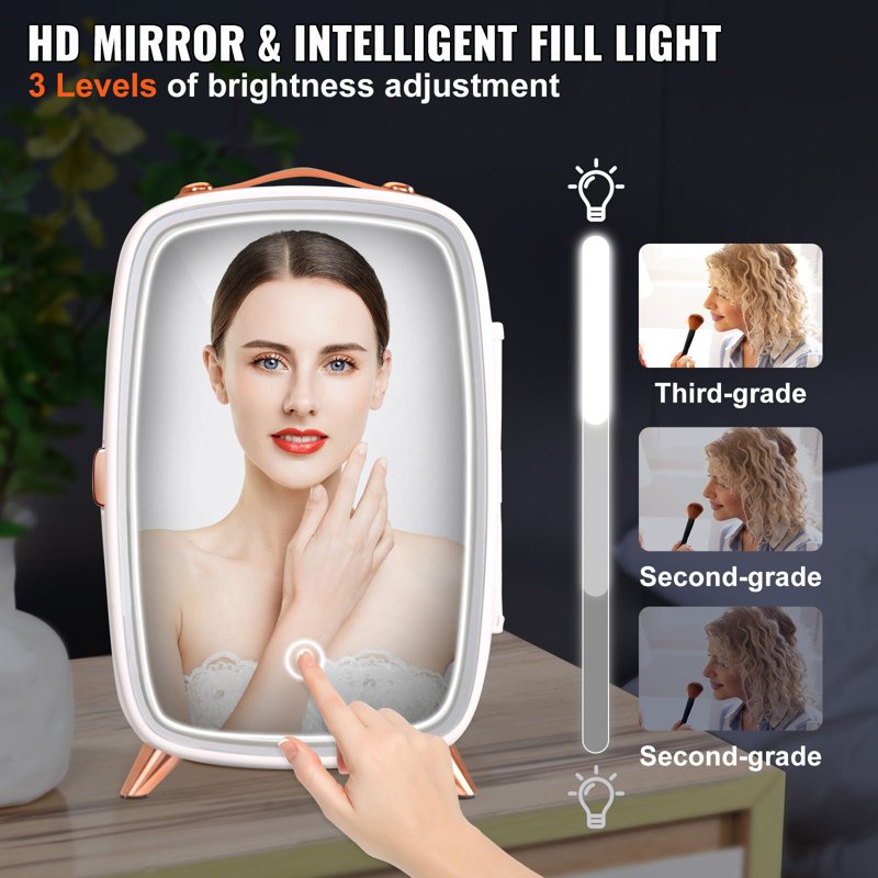 6L Mini Fridge with HD Makeup Mirror & LED Lights - Quiet Portable Cooler