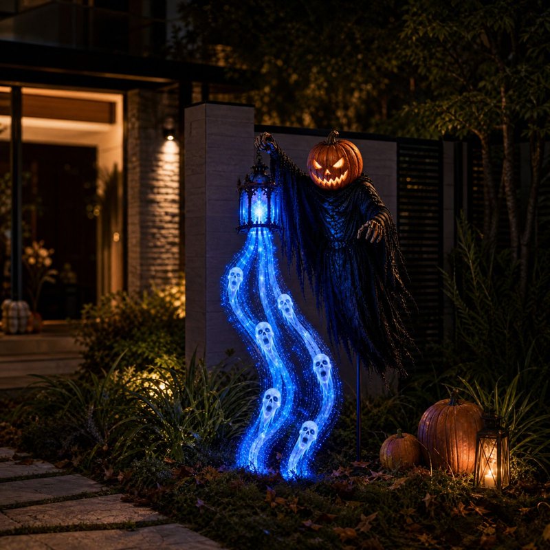 Halloween Soul Harvester Garden Stake Light - Solar Reaper with Blue LED Ghost Stream - Variation 02