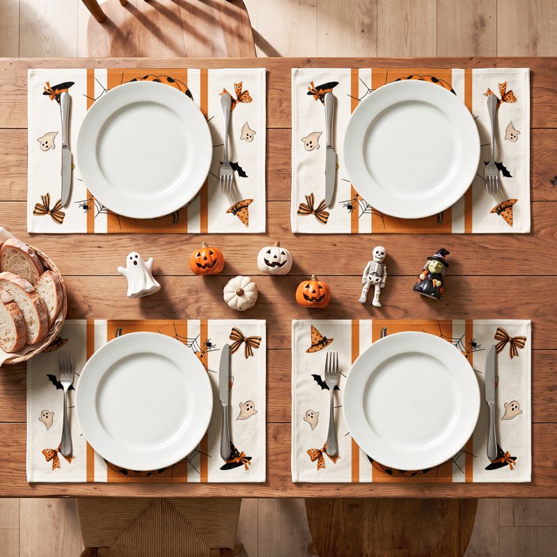 Halloween Placemats Set of 4 - Orange Pumpkin Ghost Bat Spider Web 12x18 C