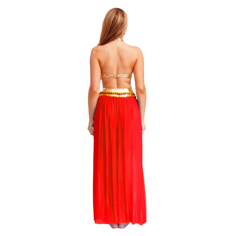 Women's Belly Dance Costume Set - Halter Crop Top & Mesh Split Skirt - Red XXL