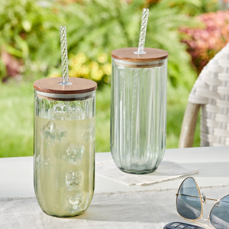 Green Ribbed Tritan Sipper Tumbler Set with Acacia Wood Lids - 2-Piece