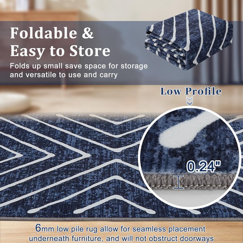 Blue 8x10 Modern Washable Non Slip Area Rug - Striped Low Pile Bedroom & Living Room Carpet