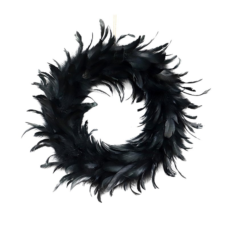 Halloween Wreath - 14 Inch Gothic Feather Decor with Bats & Skulls
