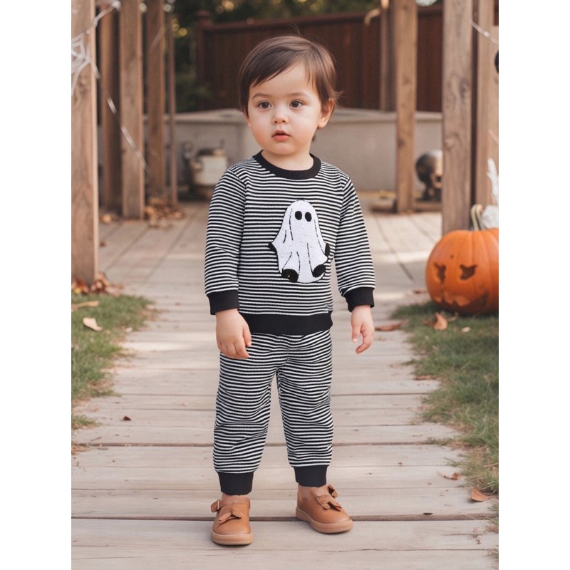 Baby Boy Halloween Outfit Ghost Embroidery Striped Sweatshirt & Pants Set - 6-12 Months