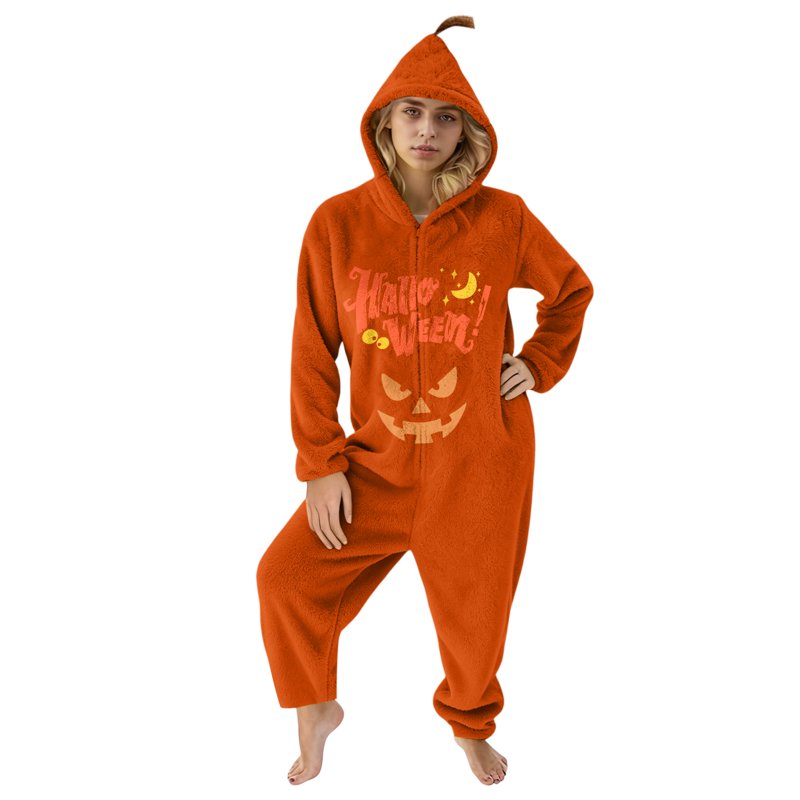 Unisex Pumpkin Cosplay Jumpsuit Halloween Costume XL - Cozy Fleece Hooded Loungewear