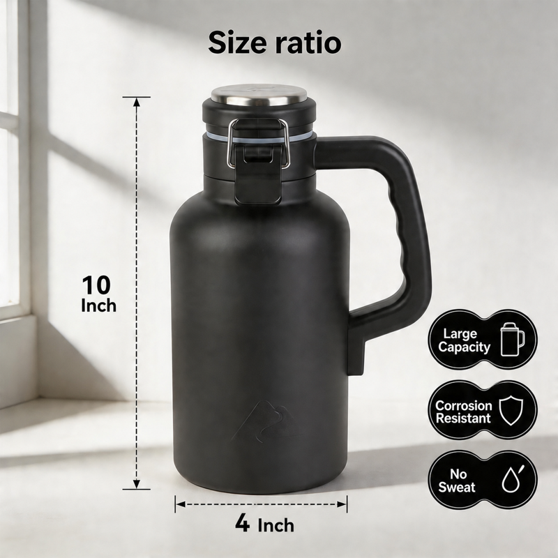 48oz Insulated Stainless Steel Growler - Black Travel Bottle