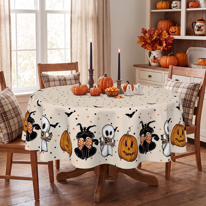 Beige Ghost Pumpkin Bat Halloween Round Tablecloth 60 Inch - Wrinkle-Resistant & Machine Washable
