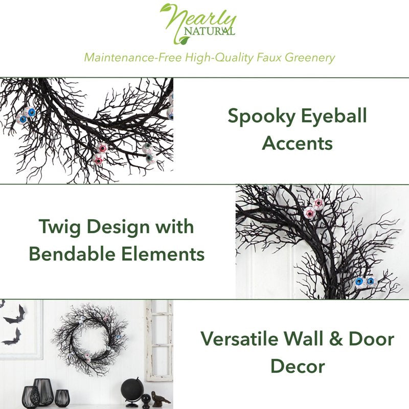 Halloween Eyeballs Wreath - 30 Inch Spooky Twig Decor for Door or Wall