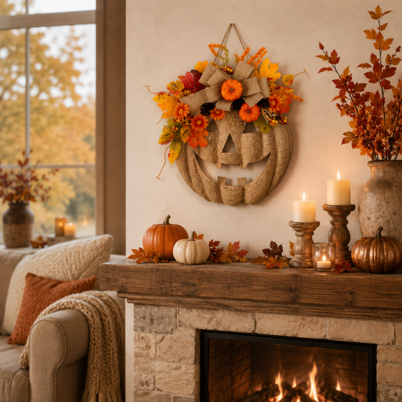 Lighted Burlap Pumpkin Wreath with Remote Control - Fall Door Decor with 8 Light Modes