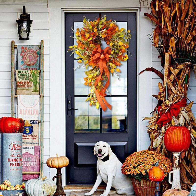 Fall Wreath for Front Door - Artificial Maple Leaves Halloween Christmas Harvest Decor 23.62"