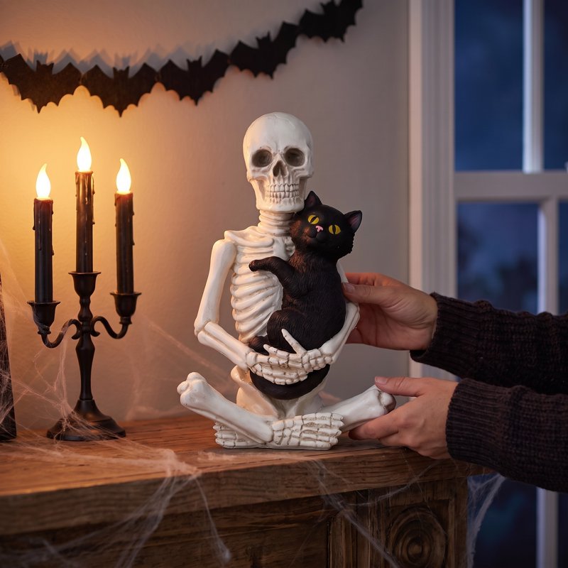 Halloween Skeleton and Cat Decor - Black and White, 8.8" Tabletop Accent