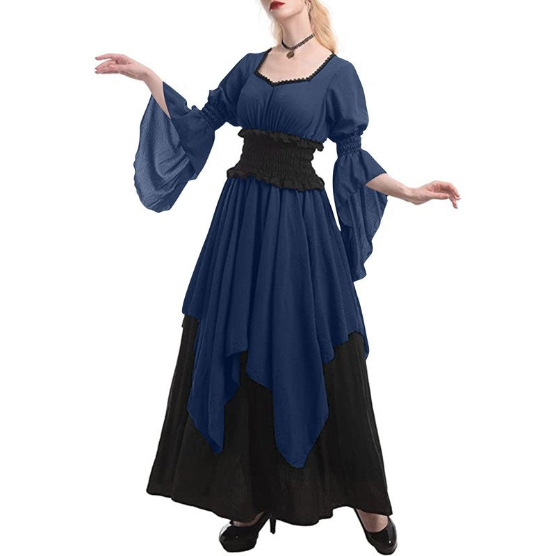 Navy Medieval Witch Dress with Mesh Bell Sleeves and Corset - XL, D36 Variation