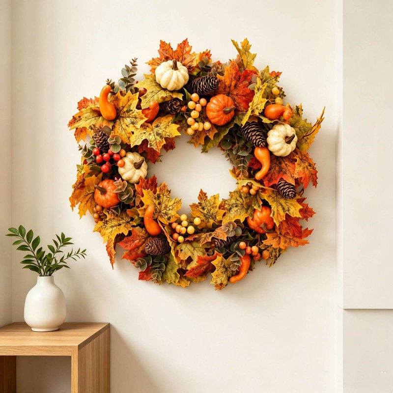 Black Fall Maple Pumpkin Berry Wreath - 19.69in Farmhouse Halloween & Thanksgiving Decor