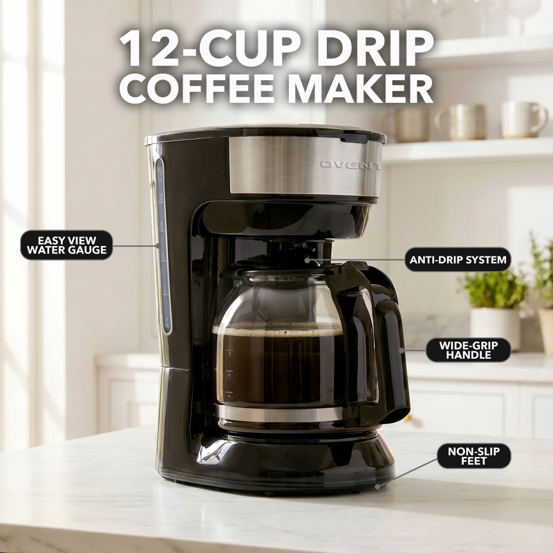 12-Cup Drip Coffee Maker with Glass Carafe and Reusable Filter - Black