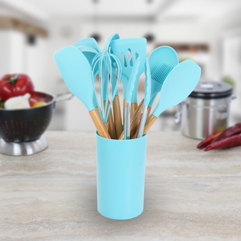 12 Piece Silicone and Wood Cooking Utensil Set - Light Teal