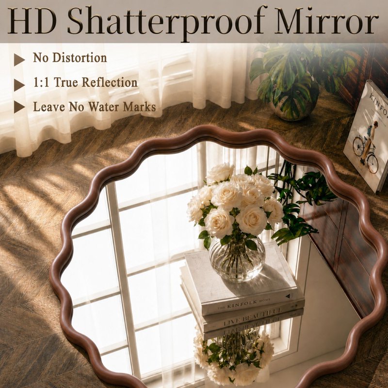 Easy4Home Wavy 30x30 Inch Wall Mirror with Solid Wood Walnut Frame
