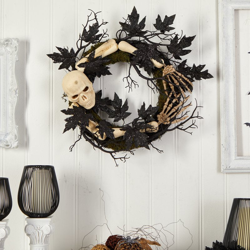 Halloween Skull and Bones Wreath - 24 Inch Artificial Decor for Door or Wall