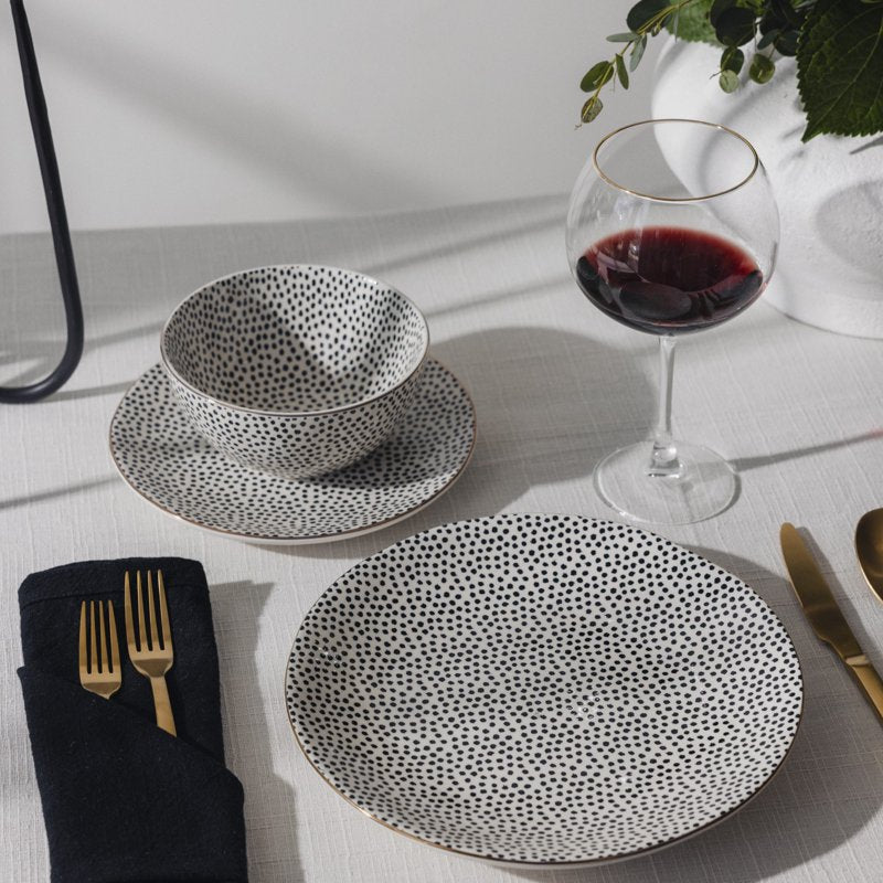 Ceramic Dinner Plate - Black and White Dot Design