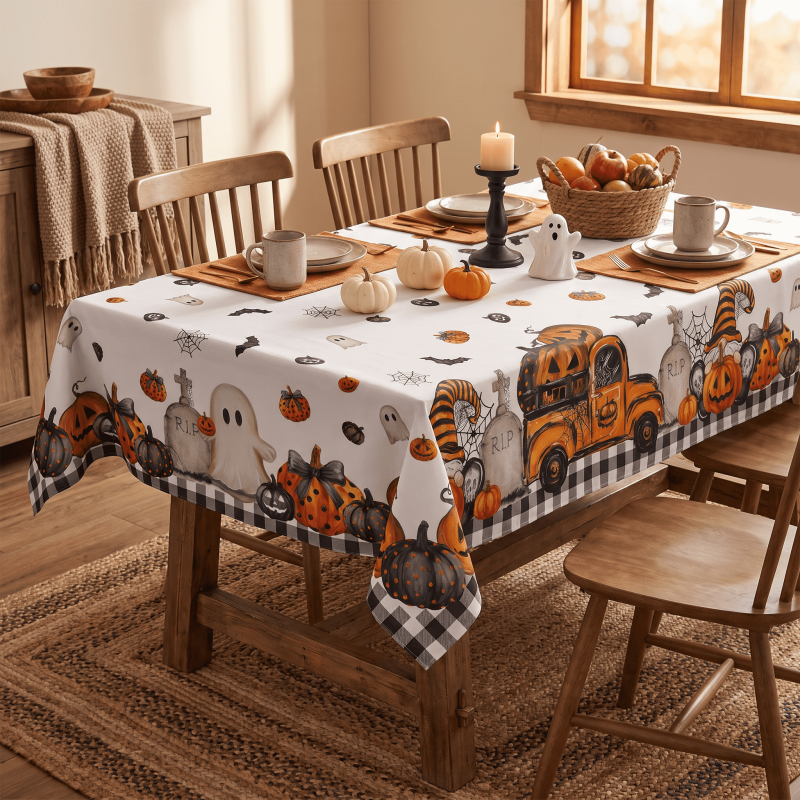 Halloween Tablecloth 60x60 Inch Square Bat Ghost Pumpkin Plaid Wrinkle-Resistant & Washable